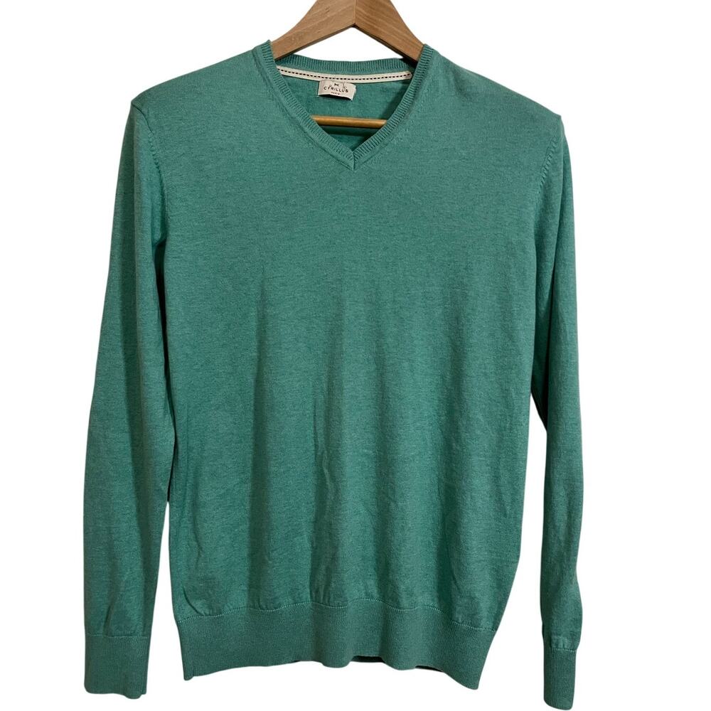 Cyrillus Paris Cashmere Silk Cotton V Neck Sweater Men Aqua Blue Elbow Patch S